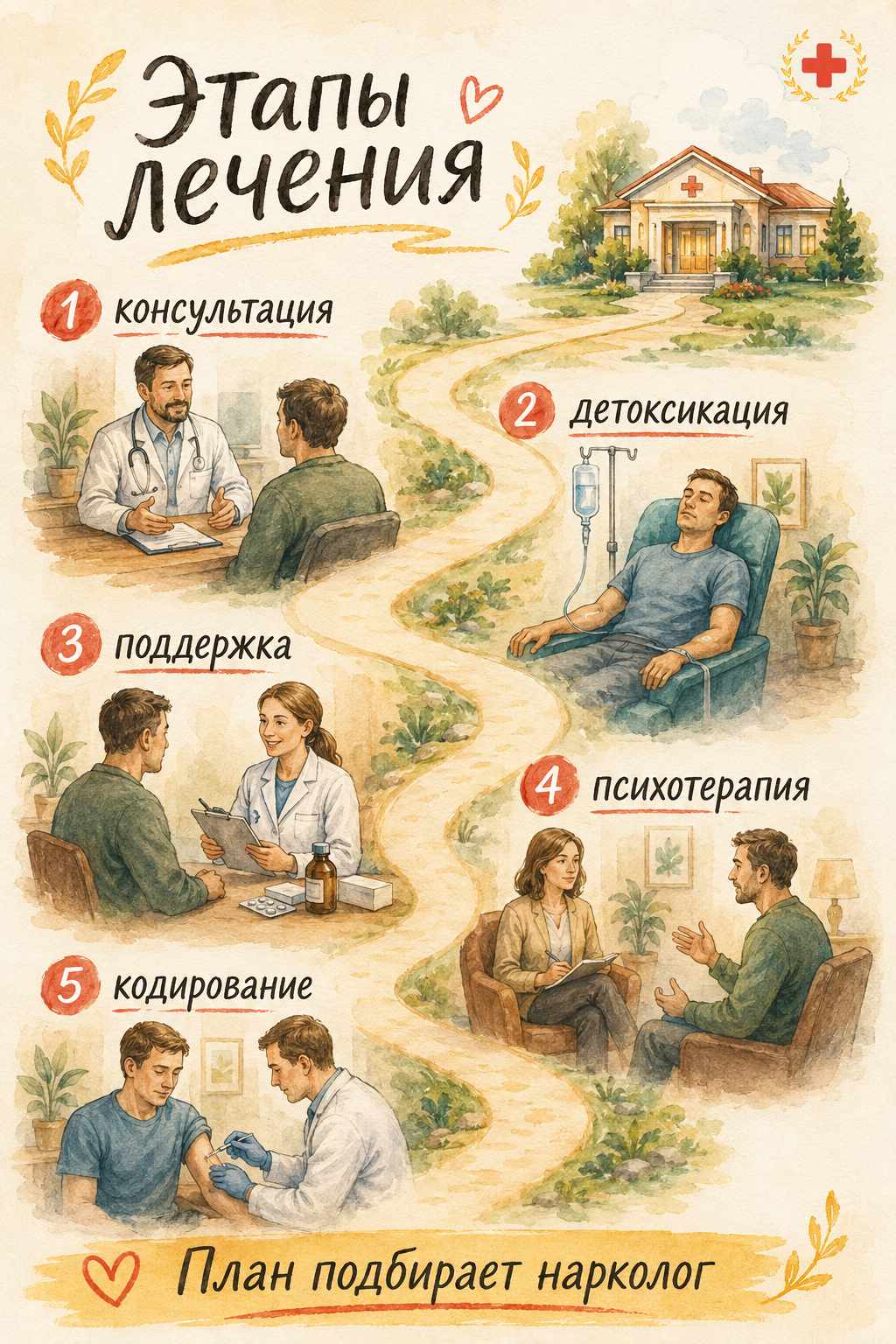 Инфографика об этапах лечения алкоголизма: консультация, детоксикация, поддержка, психотерапия и кодирование