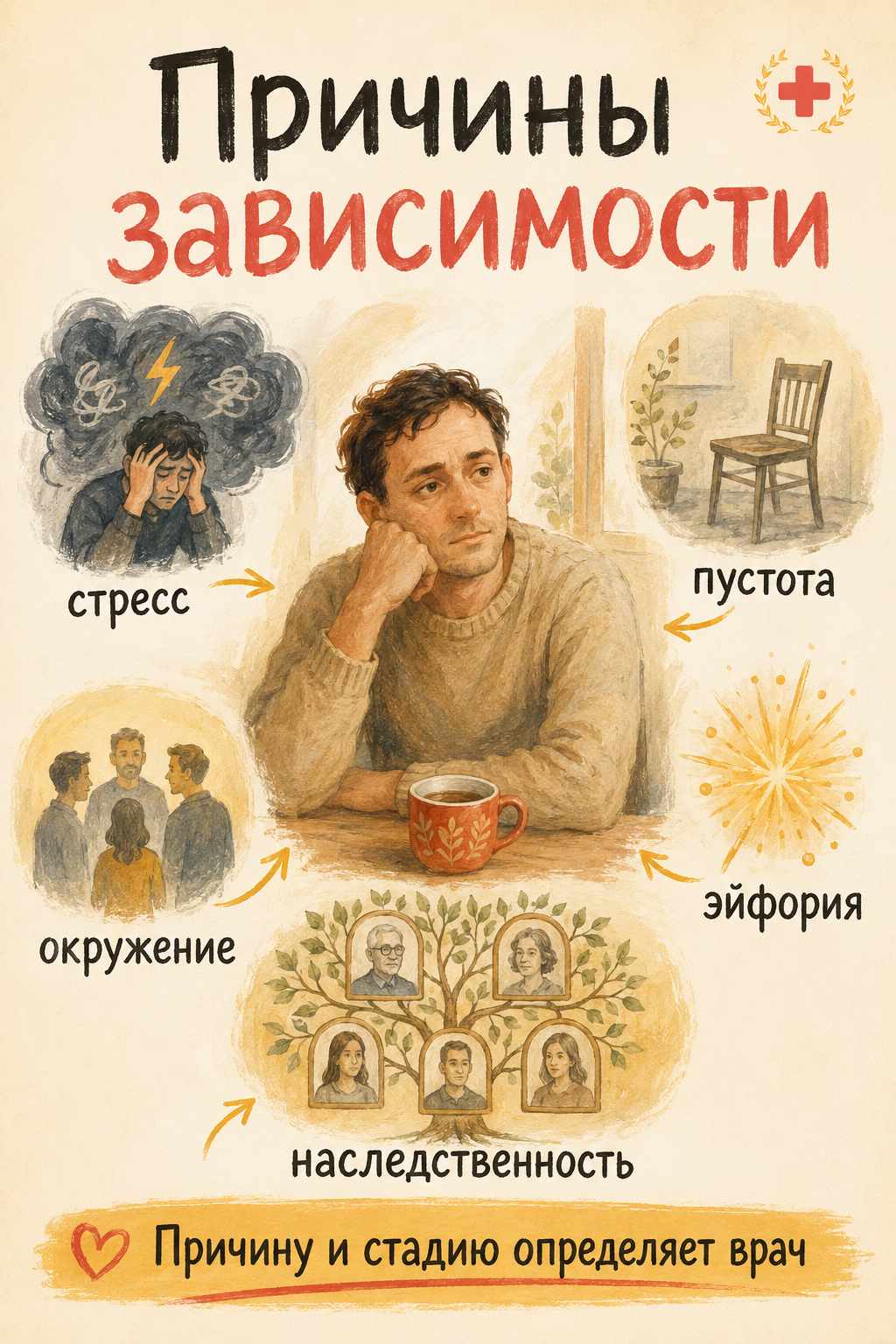 Инфографика о причинах алкогольной зависимости: стресс, пустота, окружение, эйфория и наследственность
